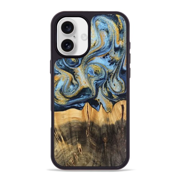 iPhone 16 Plus Wood Phone Case - Denzil (Teal & Gold, 743916) Discount