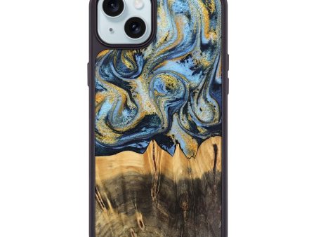 iPhone 15 Plus Wood Phone Case - Denzil (Teal & Gold, 743916) Online now