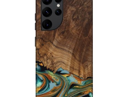 Galaxy S22 Ultra Wood Live Edge Phone Case - Huong (Teal & Gold, 742973) Cheap