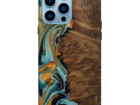 iPhone 14 Pro Max Wood Live Edge Phone Case - West (Teal & Gold, 742966) Online Hot Sale