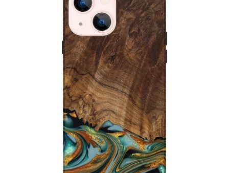 iPhone 14 Plus Wood Live Edge Phone Case - Huong (Teal & Gold, 742973) Online Sale