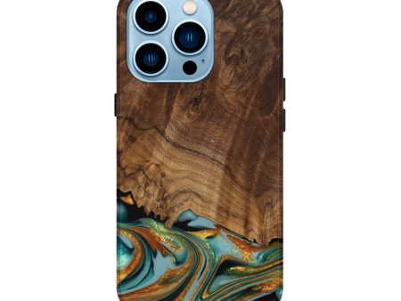 iPhone 14 Pro Wood Live Edge Phone Case - Huong (Teal & Gold, 742973) Cheap